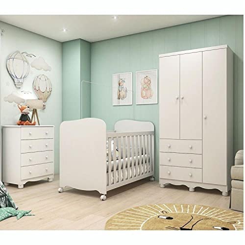 Quarto de Bebê com Berço Americano Guarda Roupa 3 Portas 3 Gavetas Cômoda 4 Gavetas Móveis Peroba Br