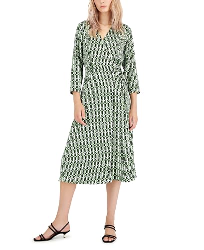 Alfani Womens Elbow Sleeve Satin Surplice Dress Green Geo Print 12