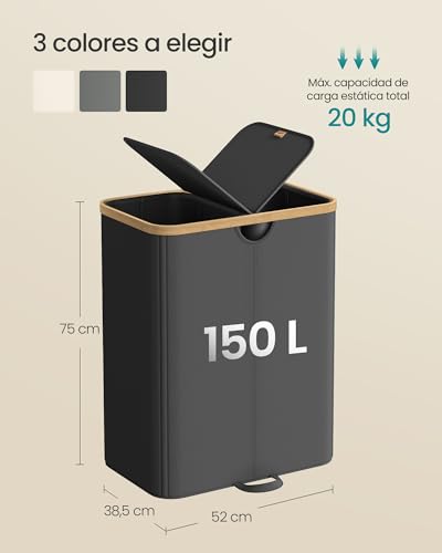 Miniatura 7 de Songmics Cesto Ropa Sucia De 2 Compartimentos, Cesta De Colada, 150 L, Clasificador Con Tapa, Bolsas De Ropa Extraíbles, Para Lavadero, Dormitorio, Salón, Negro Tinta Y Beige Natural Lcb523b01