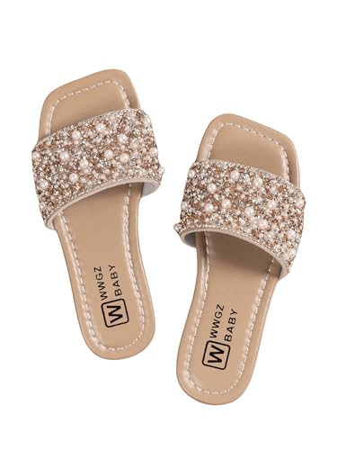 GORGLITTER Girl's Pearls Dress Flat Sandals Glitter Rhinestone Summer Open Toe Teens Slides Brown 4