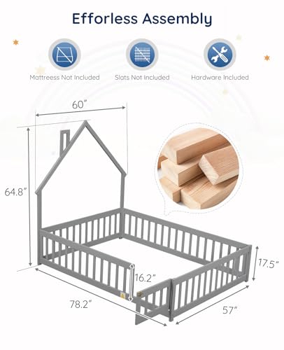 Tatub Full Montessori Floor Bed Frame with Railings and Door, House Bed for Kids, Wood Chimney-Shape Floor Bed Frame for Girls and Boys,Grey - Thumbnail 2