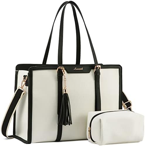 LOVEVOOK Laptop Bag for Women 15.6 inch Lightweight Canvas Laptop Tote Bag, Large Capacity Computer bag with Clutch Purse for Business, Work, Office, Travel, School,Casual(Beige & Black)
