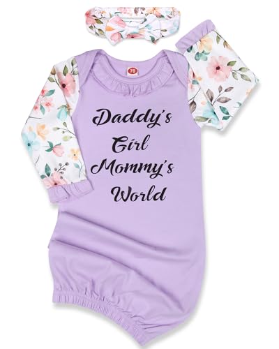 Image of Mikccer Newborn Gown Baby Girl 0-6 Months, Super Soft Baby Little Sister Sleeper Gowns, Babies Girls Nightgowns Coming Home Outfit Infant with Headband Set