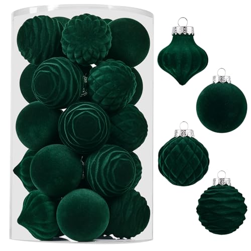 Wironlst Velvet Ornaments for Christmas Tree, 4 Style Flocked Matte Velvet Christmas Ball Ornaments, Shatterproof Decor for Xmas Tree Wedding Holiday Party Home(2.36" 25pcs Green)