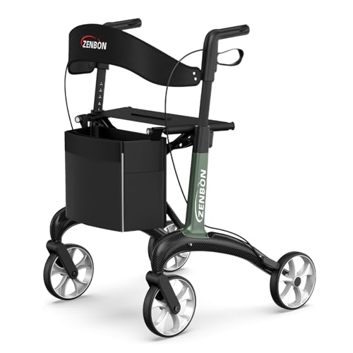 Deambulatore per Anziani con Seduta: Girello 4 Ruote per Casa Interni ed Esterni con Schienale e Porta Bastone da Passeggio - Rollator per Pieghevoli, in Alluminio, per Esterni, Viaggi (Verde)
