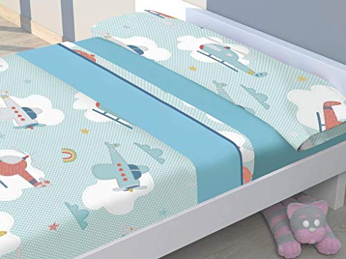 Energy Colors Textil Hogar - Junior - Cama 90 Juego Sábanas 3 Piezas 50% Algodón y Otras Fibras (Aviones)