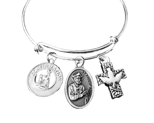 Saint Philip Neri Bracelet – Patron Saint of Joy & Humor – Silver Expandable Charm Bangle with Cross & Birthstone – Catholic Confirmation Gift – Handmade Religious Jewelry for Her