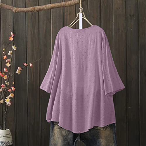 Aniywn Women Round Neck Lace Up Lace Patchwork Flare Pullover Top Casual Plus Size 3/4 Sleeve Floral Printed T-Shirt #TOP3