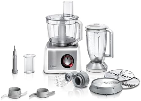 Bosch Kompakt-Küchenmaschine MultiTalent 8, 45 Funktionen, XXL-Rührschüssel 3,9 L, Mixer 1,5 L, Universalmesser, Rührbesen, schneiden und raspeln (fein,grob), 1250 W, weiß/edelstah