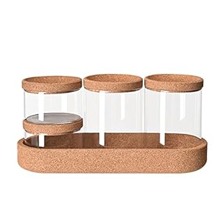 Bathroom Storage Organizer, 4 Pack Apothecary Glass Jars with Lids, for Cotton Swabs, Cotton Pads, Bath Salts, Makeup Sponges, and Hair Accessories(Glass&Tray)
