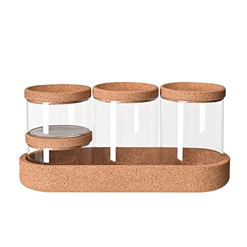 Bathroom Storage Organizer, 4 Pack Apothecary Glass Jars with Lids, for Cotton Swabs, Cotton Pads, Bath Salts, Makeup Sponges, and Hair Accessories(Glass&Tray)