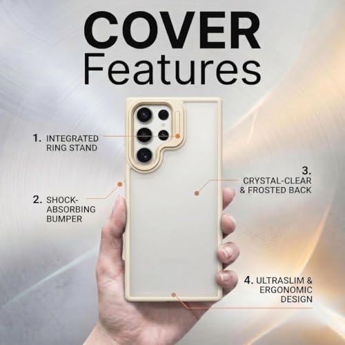 Image of amazon basics Frosted Matte Case for Samsung Galaxy S23 Ultra 5G | Built-in Flip-Out Camera Lens Stand | Translucent Back with Contrast White Bumper | Foldable Kickstand