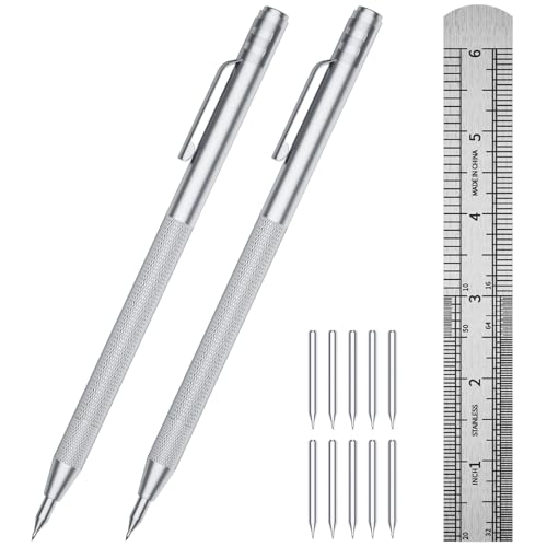 GCHMDE 2-Pack Tungsten Carbide Scriber, Metal Scribe Tool with 25 Replacement Marking Tips & Steel Ruler - Knurled Aluminum Handle & Magnet, Engraving Pen for Glass/Ceramics/Metal Sheet (2)
