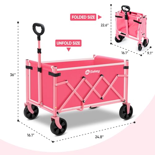 Sekey Wagon Cart with Wheels with 220LBS Capacity,Heavy Duty Wagon Carts Foldable,Lightweight Utility Portable Cart for Grocery, Shopping, Garden, Camping. Pink by Sekey - Used condition - Image 7