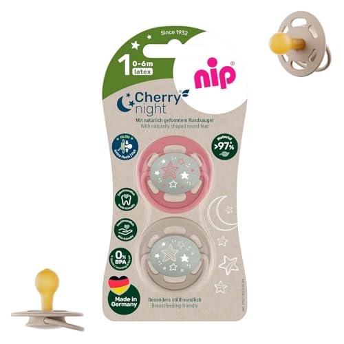 NIP Chupete redondo Cherry Night 0-6 meses, chupete luminoso, a partir de 0 meses, brilla en la oscuridad, paquete de 2 unidades, agradable y sostenible NIP Chupete redondo Cherry Night 0-6 meses, chupete luminoso, a partir de 0 meses, brilla en la oscuridad, paquete de 2 unidades, agradable y sostenible