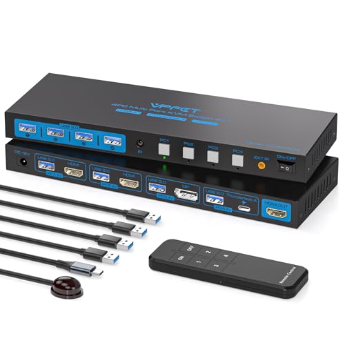 AILVLVNG Commutateur KVM 4K144Hz 4 ordinateurs 1 moniteur USB 3.0 DisplayPort et 2 commutateurs KVM HDMI et USBC 4 ports pour 4 ordinateurs partagent 1 moniteur et clavier, souris, etc avec contrôleur