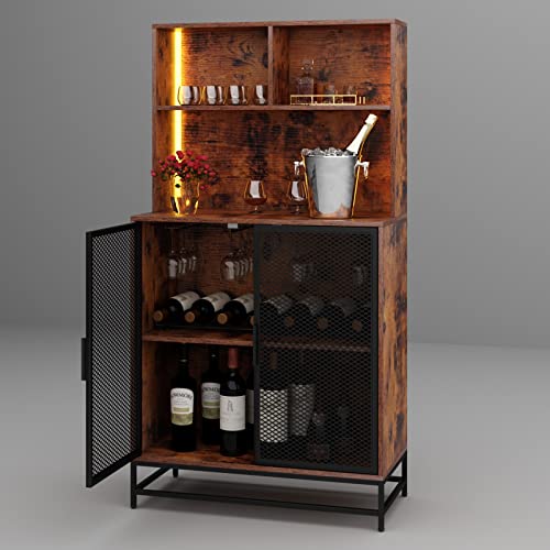 Auromie Wine Bar Cabinet With Led Lights, 4-Tier Coffee Bar Cabinets With Storage Shelves, Industrial Kitchen Storage Cabinet With Wine Rack, Freestanding Liquor Cabinet With Glass Holder, Rustic #TOP7