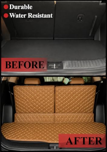 Image of Premium 7D Boot /Trunk Mats Compatible for Alcazar 7 Seater||Luxury Leather Double Layered mats||Complete Set ||100% Waterproof and Washable (Tan with Golden)