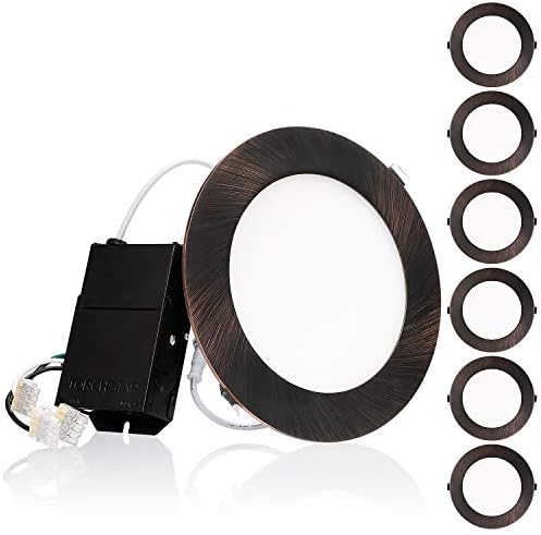 TORCHSTAR E-Lite Series 6 Inch Ultra-Thin LED Recessed Lights with J-Box, Dimmable Canless Slim Downlight, CRI90+, ETL & ES Listed, 13.5W, 5000K Daylight, Oil Rubbed Bronze, Pack of 6