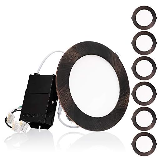 TORCHSTAR E-Lite Series 6 Inch Ultra-Thin LED Recessed Lights with J-Box, Dimmable Canless Slim Downlight, CRI90+, ETL & ES Listed, 13.5W, 5000K Daylight, Oil Rubbed Bronze, Pack of 6