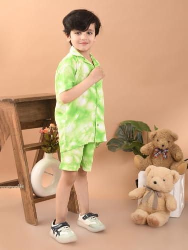 Image of superminis Baby Boys Rayon Tie-Dye Printed Co-ord Set With Notched Collar Shirt and Shorts