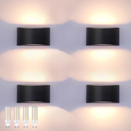 Image of KICAAO Modern LED Wall Sconce,Warm White 3000K,Hardwired Indoor Wall Lights Set of 2 Up and Down Wall Mount Light for Living Room Bedroom Hallway Corridor Conservatory(with G9 Bulbs) (Black-4PCS)
