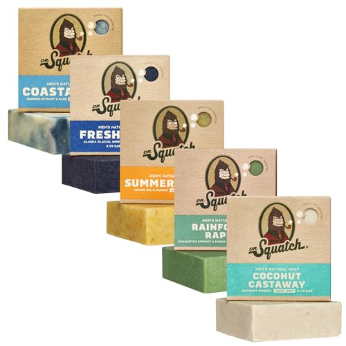 Dr. Squatch Natural Men’s Bar Soap - Cold Process Body Soap Bar with Natural Oils - Gifts for Men - Summer Citrus, Coconut Castaway, Fresh Falls, Coastal Mist & More (5 oz, 5-Pack, Scents May Vary)