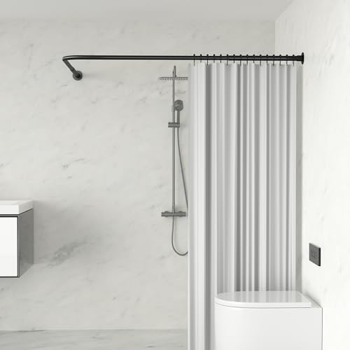 YOFOQ Duschvorhangstange L Form, Verstellbare L-förmige Ecke Duschstange 62-94x141-174cm, Duschvorhangstange Ecke aus Edelstahl, Duschstange für Badewanne mit 16 Duschvorhangring