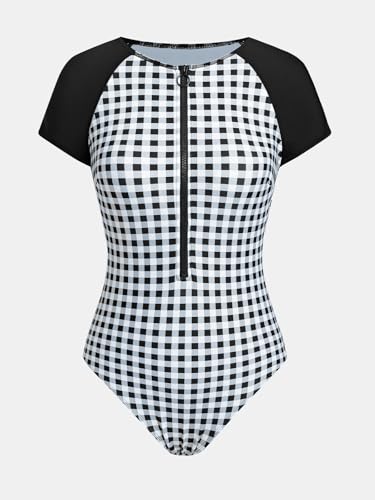 Image of CUPSHE One Piece Swimsuit for Women Mock Neck Zipper Short Sleeve Bathing Suit