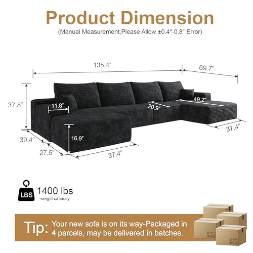 Image of 96 inch Sectional Couches for Living Room Cloud Couch Sofa with L-Shape Upholstered Boneless Couchs Modern Modular Sectional Couch with Chaise