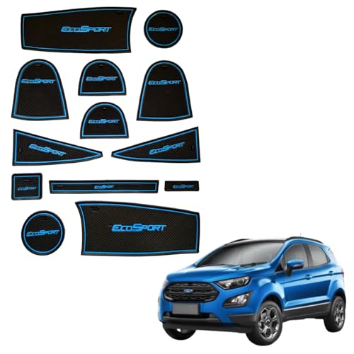 Image of Car Drome | Door Cup Mat Set for Ford EcoSport 2018 to 2021 Models Only | Premium Non Slip Rubber Inserts | Custom Fit 13 Pieces | Blue Trim Interior Car Accessories | Dustproof Waterproof