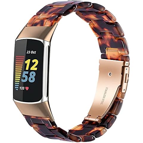 Wongeto Resin Straps Compatible with Fitbit Charge 5 Strap, Replacement Wristband Accessory Rose Gold Buckle Women Men for Charge 5 accssorises (Tortoise) Cover