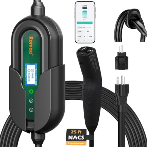 Level 1/2 Wall Charger for Tesla, 8-16A Adjustable Current Portable Charger with WiFi/App, Dual Voltage 120 240V, 25ft Charging Cable, NEMA 6-20 Plug, NACS Port, Home Mobile Charger for Model 3/Y/X/S