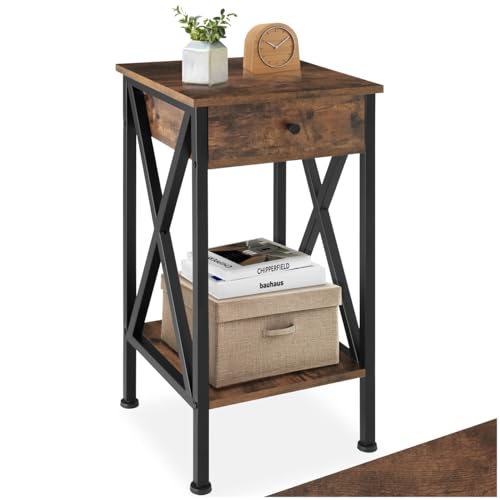 tectake® Mesita de Noche Estilo Industrial con Estante, Pies Ajustables, Mesitas de Noche, Mesa Auxiliar, Mesas Auxiliares, Decoracion Hogar   35 x 35 x 70,5 cm Madera Industrial Oscura, Rústica