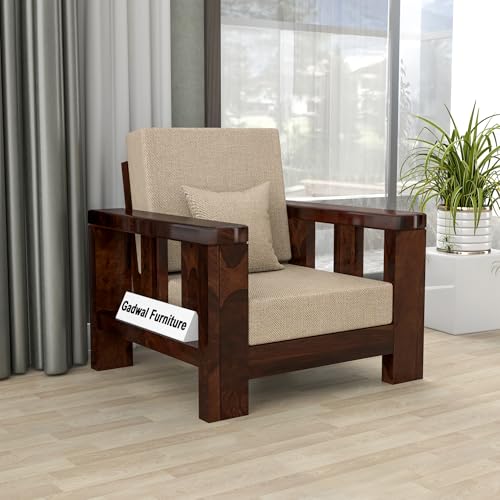 Image of Solid Sheesham Wood Single Seater Sofa Chair for Living Room - Single Sofa Chair Wooden Sofa Single Seater with Comfortable Cushion Seating (Walnut, Haney 1 Seater)