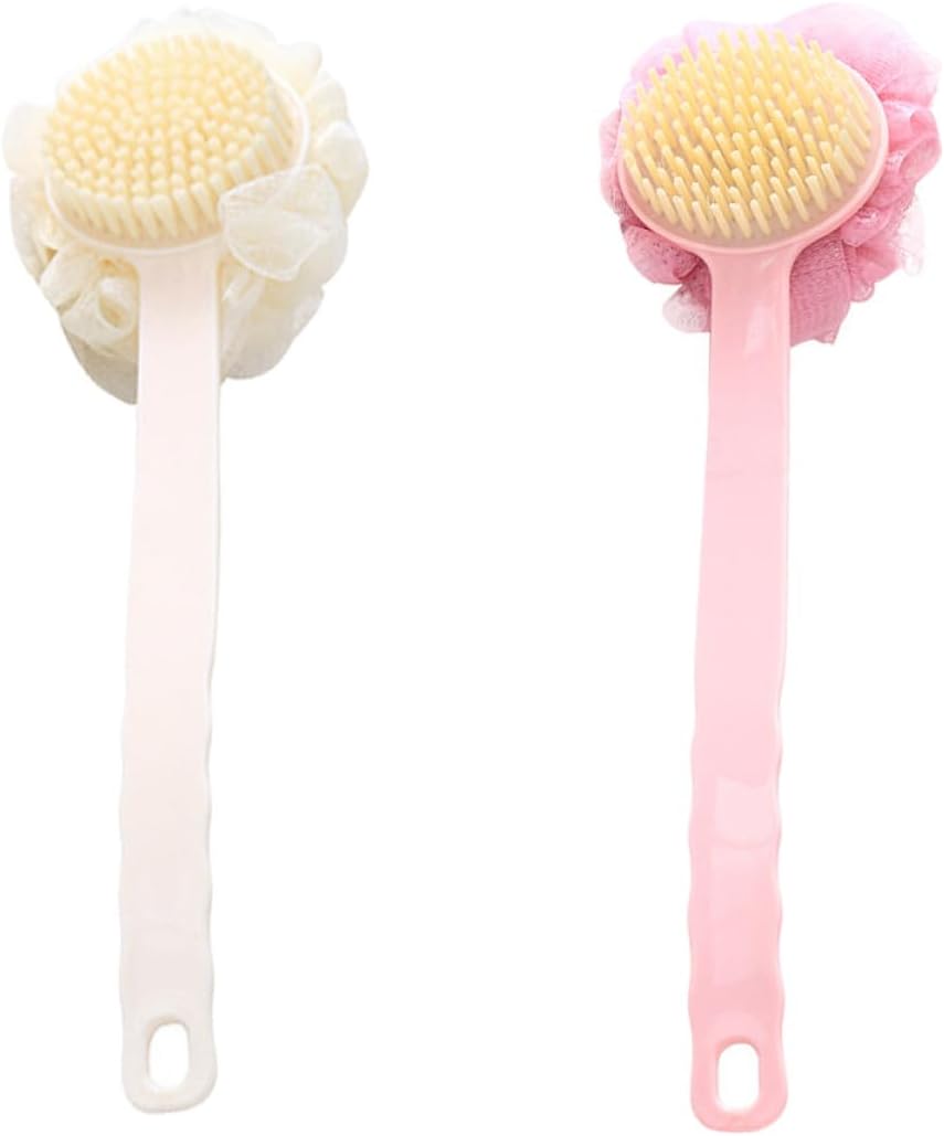 2Pcs Long Handle Back Scrubber Bath Brush Set, Dual-Color Pink and Beige, Exfoliating Shower Body Cleaner for Adults, Suitable for Wet and Dry Use