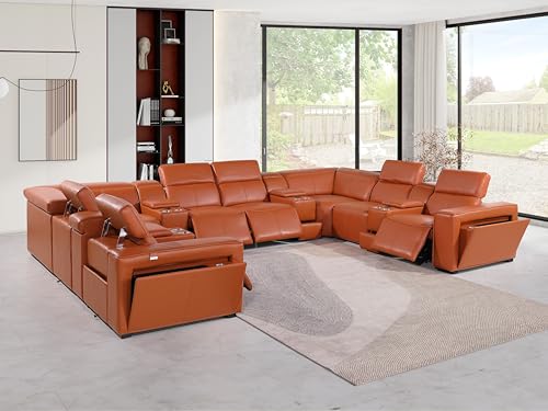 BlackJack Furniture Ernesto 12 Piece U Shaped Power Reclining Sectional Sofa, Modular Couch with Top Grain Italian Leather, 4 Electric Recliners, USB & Wireless Chargers, Storage Console, Camel