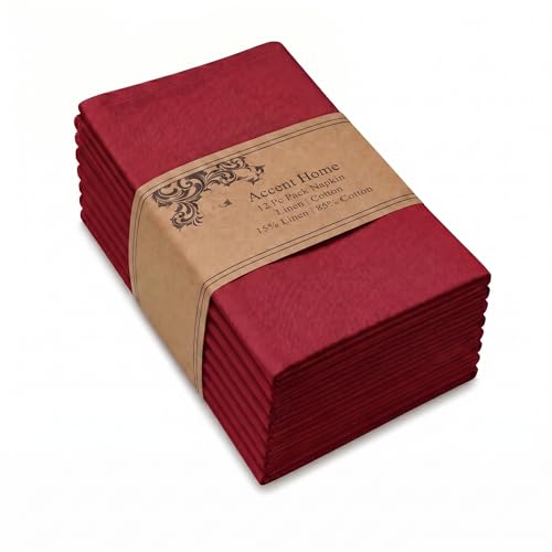 ACCENTHOME Red Cotton Linen Napkin Set of 12 18x18 inch Dinner Napkins