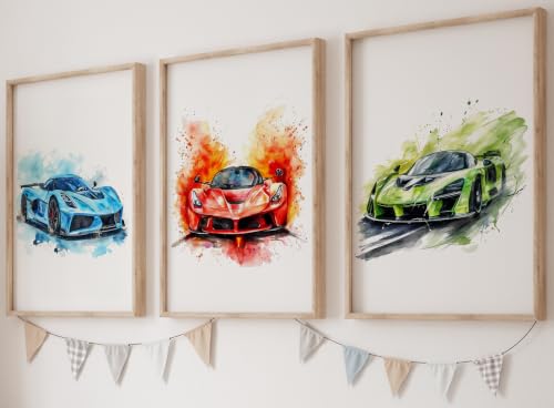 Image of Supercars Set of 3 Unframed Poster Prints for Boy Girl Nursery Bedroom Playroom, Watercolour Design, Wall Art Transport Decor, Fast Racing Cars, Blue Red Green (A4)