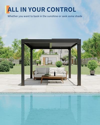 Image of 10X10 FT Louvered Pergola with Adjustable Roof, Integrated Drainage System, Easy Installation, Outdoor Pergola for Backyard, Garden, Poolside, Hardtop Gazebo