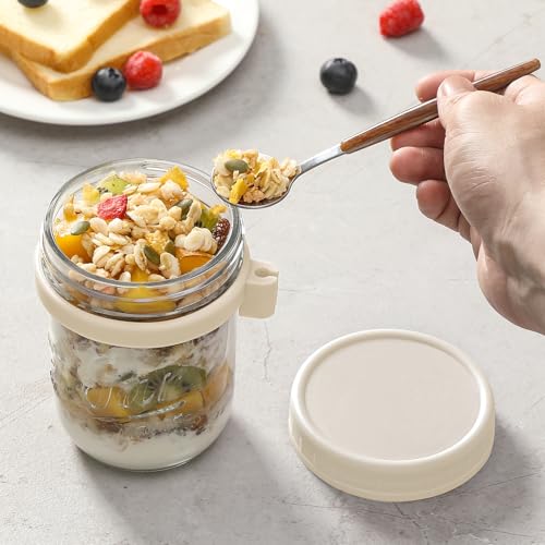 Image of 4 Pack Overnight Oats Containers with Lids and Spoons, 16 oz Glass Mason Jars with Airtight Lids, Overnight Oats Jars for Milk, Cereal, Fruit