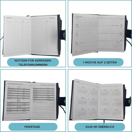 3 PAGEN® Taschenkalender 2026 A7 Klein - 8x11cm - Buchkalender 2026 aus Kunstleder – Wochenübersicht - Termin- & Wochen-Planer 2026 - inkl. Kugelschreiber - Schwarz