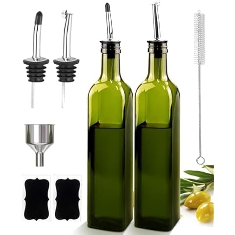 Olive Oil Dispenser Bottle, 2 Pcs Glass Olive Oil Dispenser and Vinegar Dispenser Set with 2 Stainless Steel Pourers, 4 Labels,1 Brush and 1 Funnel Oil Bottles for Kitchen (500ml) Cover