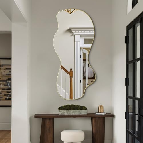 POZINO Irregular Frameless Mirror, 55"x25.5" Large Asymmetrical Aesthetic Wall Mirror, Gold Modern Organic Shape Mirrors for Living Room Bedroom Hallway Entryway, Hangs Vertically or Horizontally