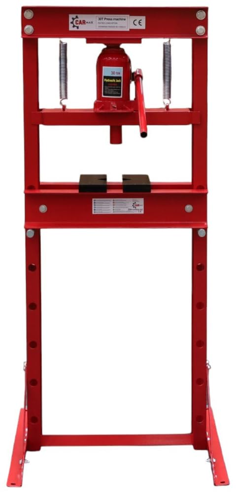 Carmax MT01305 Presse d'atelier hydraulique 30 tonnes, table de travail réglable en hauteur, 7 niveaux de travail, 2 prismes, rouge