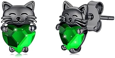 Cat Earrings 925 Sterling Silver Cat Studs with Crystal Hoop Earrings Cute Cat Lovers Jewellery Cat Theme Gifts for Girls Women