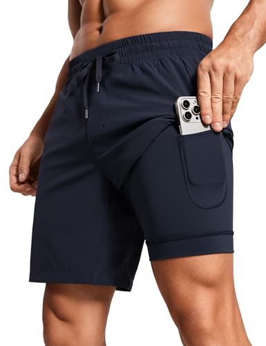 CRZ YOGA Men's 2 in 1 Running Shorts with Liner - 7'' Quick Dry Workout Sports Athletic Shorts with Pockets Navy M