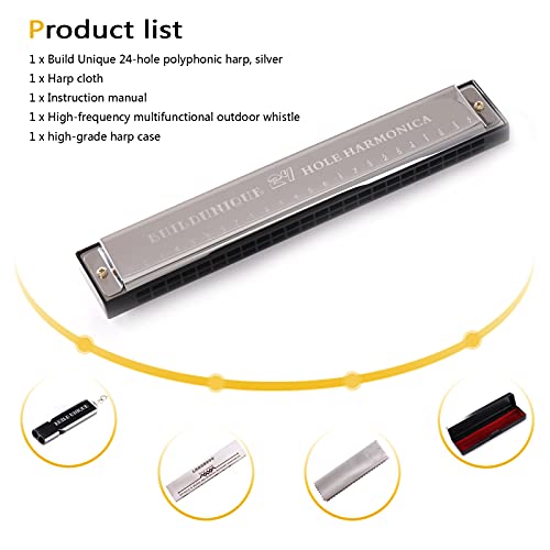 Langdovo Harmonica, 24-Hole Key Of C, Diatonic Harp, Harp Harmonica Professional Vibrato Mouth Organ With Box And A Whistle, Suitable For Beginners, Adults, Professionals, Folk And Popular(Silver) #TOP1