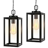 Ziihi 2 Pack 13' Outdoor Pendant Light for Porch,Black Lantern Hanging Chandelier with Adjustable Chain, Anti-Rust Exterior Hanging Ceiling Fixture for Hallway,Front Door,Entryway Patio.