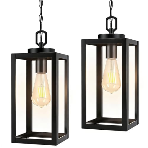 Ziihi 2 Pack 13" Outdoor Pendant Light for Porch,Black Lantern Hanging Chandelier with Adjustable Chain, Anti-Rust Exterior Hanging Ceiling Fixture for Hallway,Front Door,Entryway Patio.